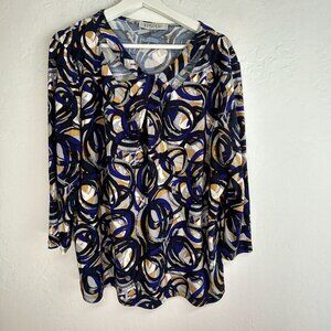 Kasper Womens Abstract Printed Twist-Neck 3/4-Sleeve Blouse Size XL Blue Stretch